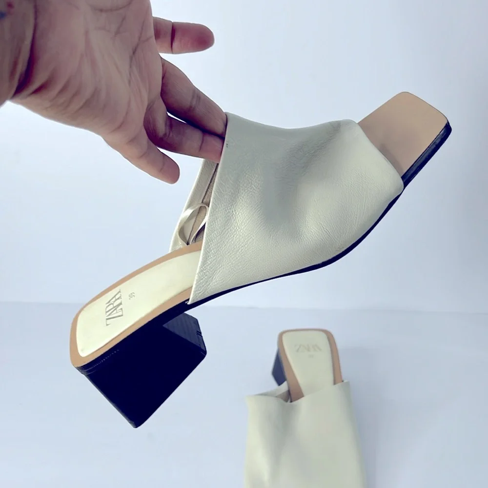 ZARA EGGSHELL WHITE Leather Mules Sz 39 - Picture 2 of 9